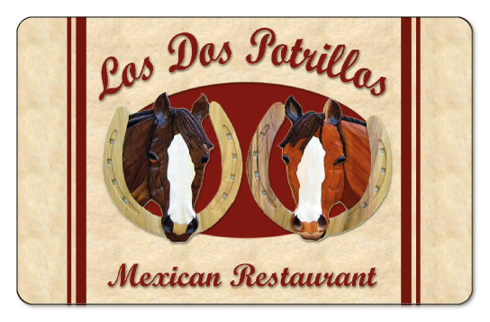 Los Dos Potrillos, two horses with heads inside horse shoes over cream background